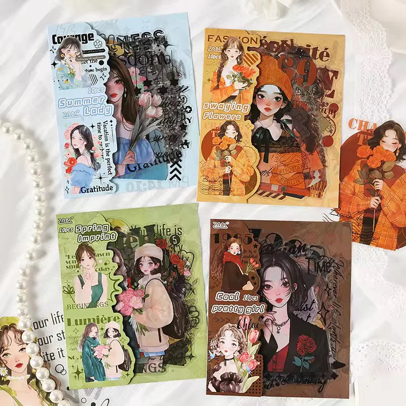 Vintage Girl Kawaii Sticker - 10 pcs