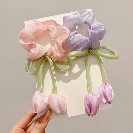 Tulip Bow Satin Hair Scrunchie