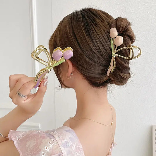 Double tulip metal hair claw clip