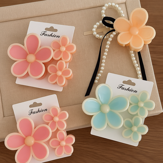 Pastel Poppy Korean  Flower Hair Claw Clip - Set