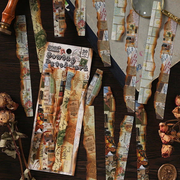 Vintage Burnt Paper Sticker Strip - 30 Pcs