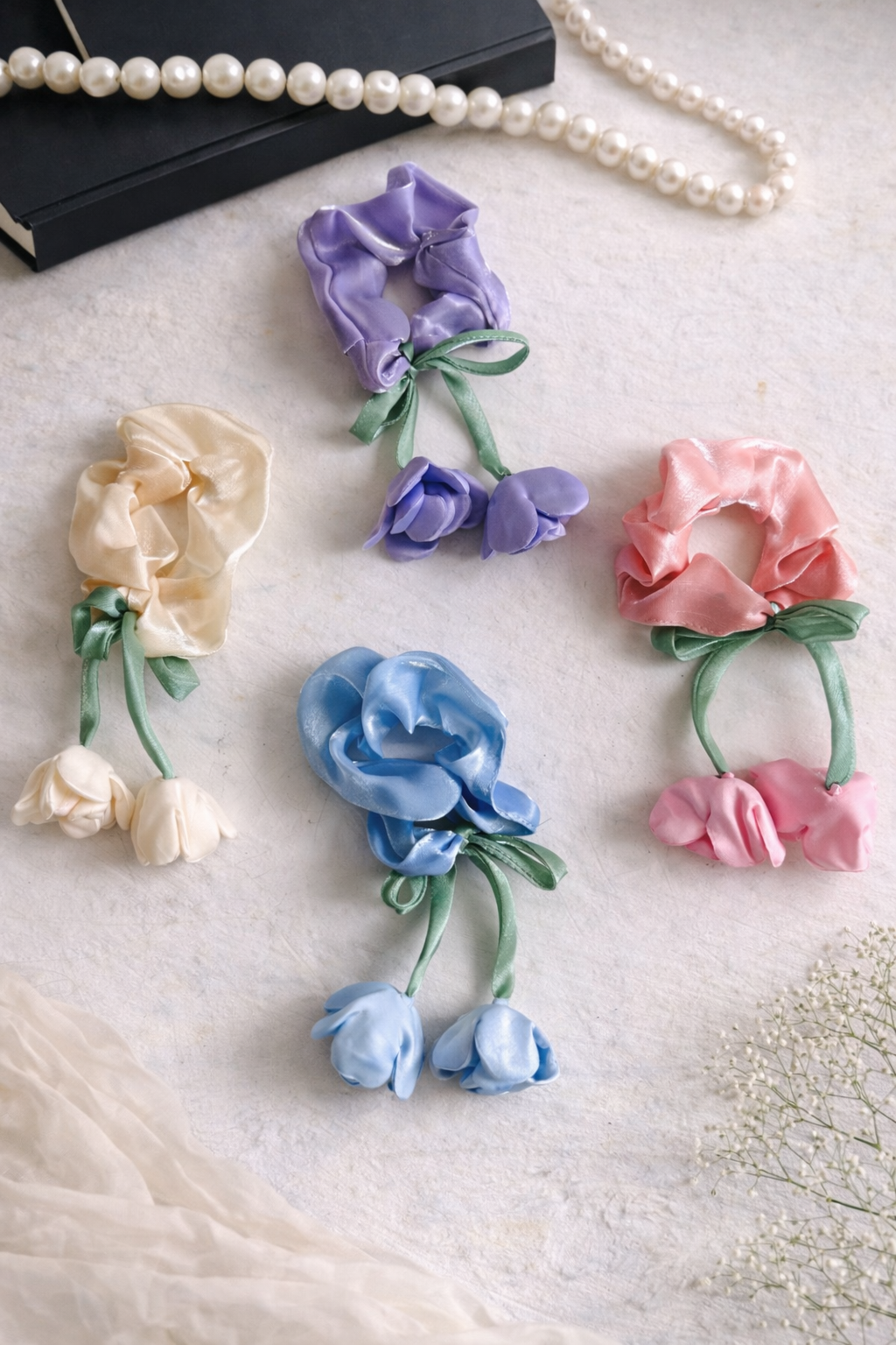 Flower Bow Satin Hair Scrunchie