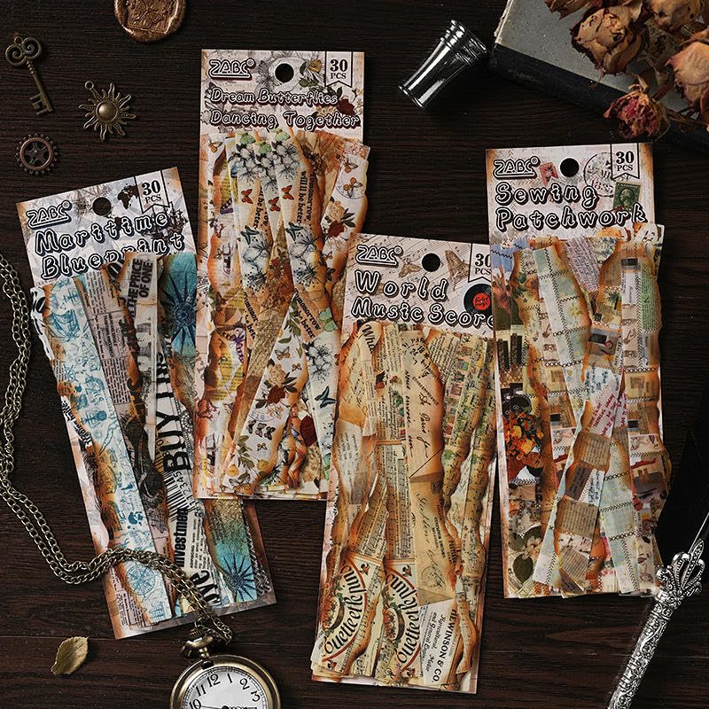 Vintage Burnt Paper Sticker Strip - 30 Pcs