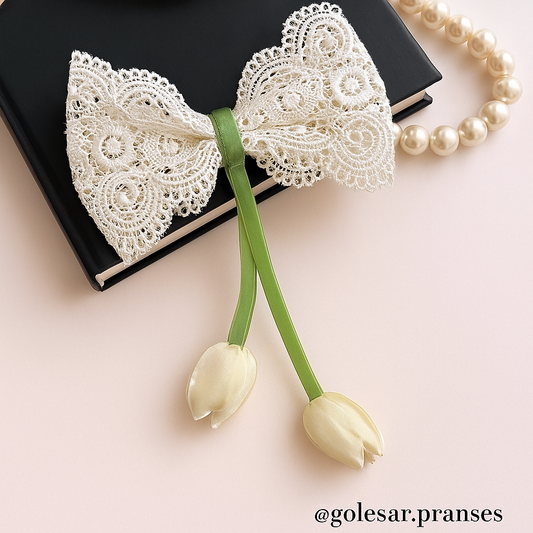 Korean Lace Cream Tulip Bow Hair Pin