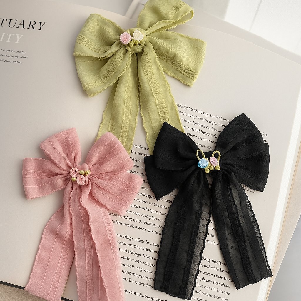 Texture Rose Bow Korean Hair Bow Pin