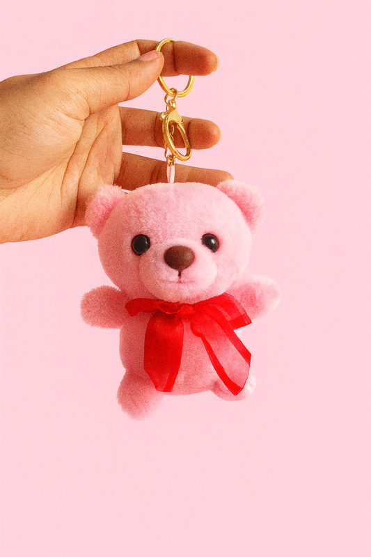 Pink bow bear plushy keychain