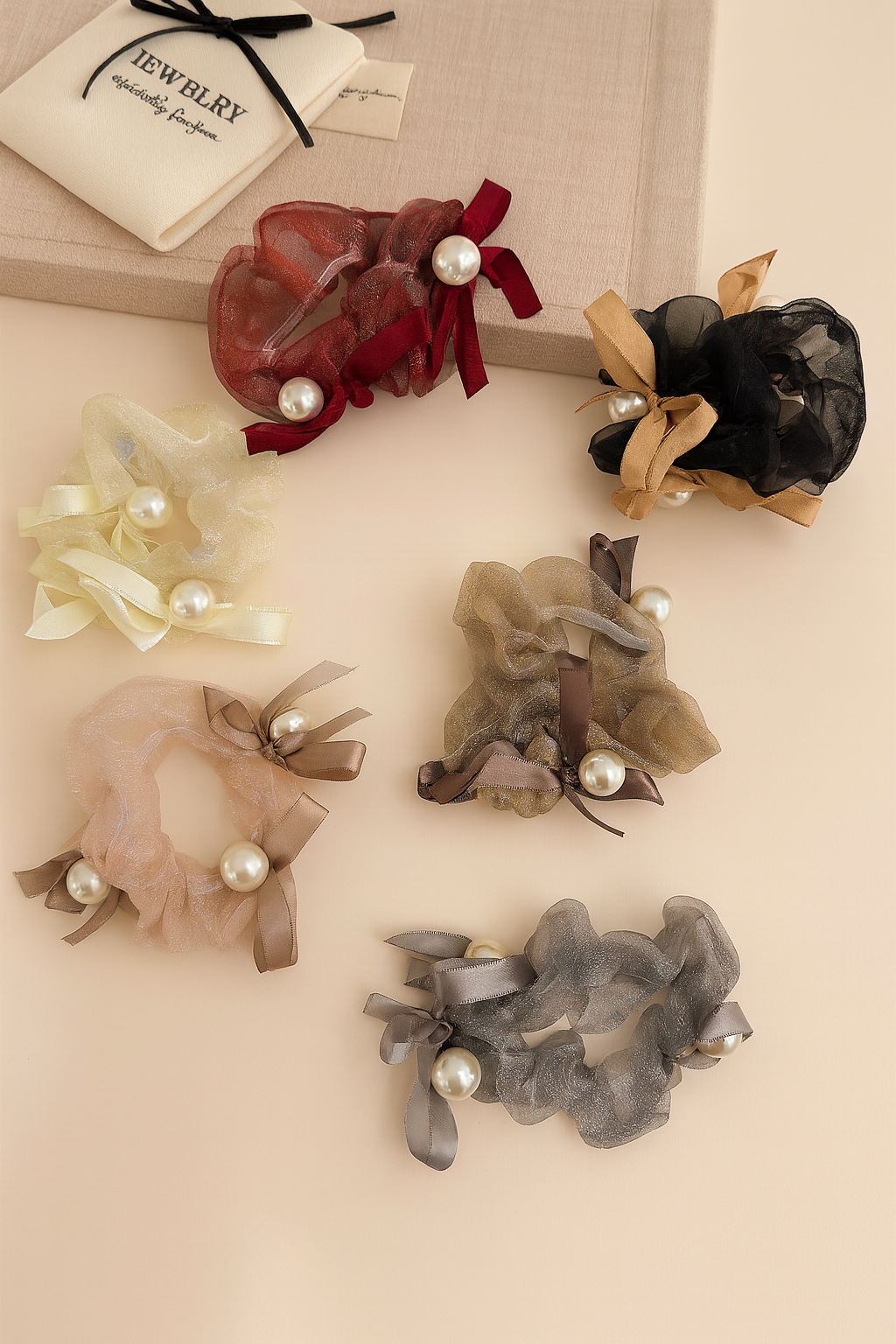 Glitter Pearl Bow Satin Scrunchie
