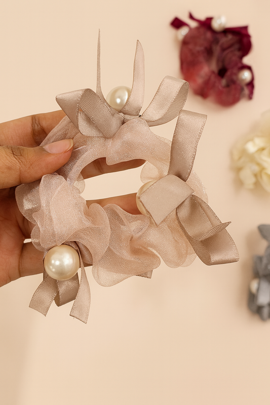 Glitter Pearl Bow Satin Scrunchie