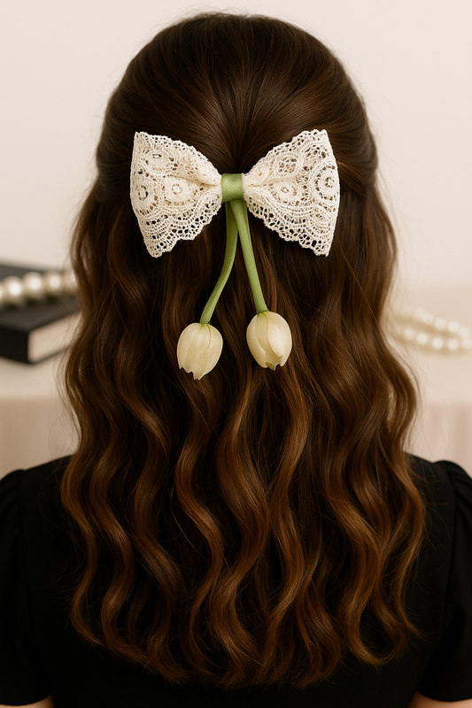Korean Lace Cream Tulip Bow Hair Pin