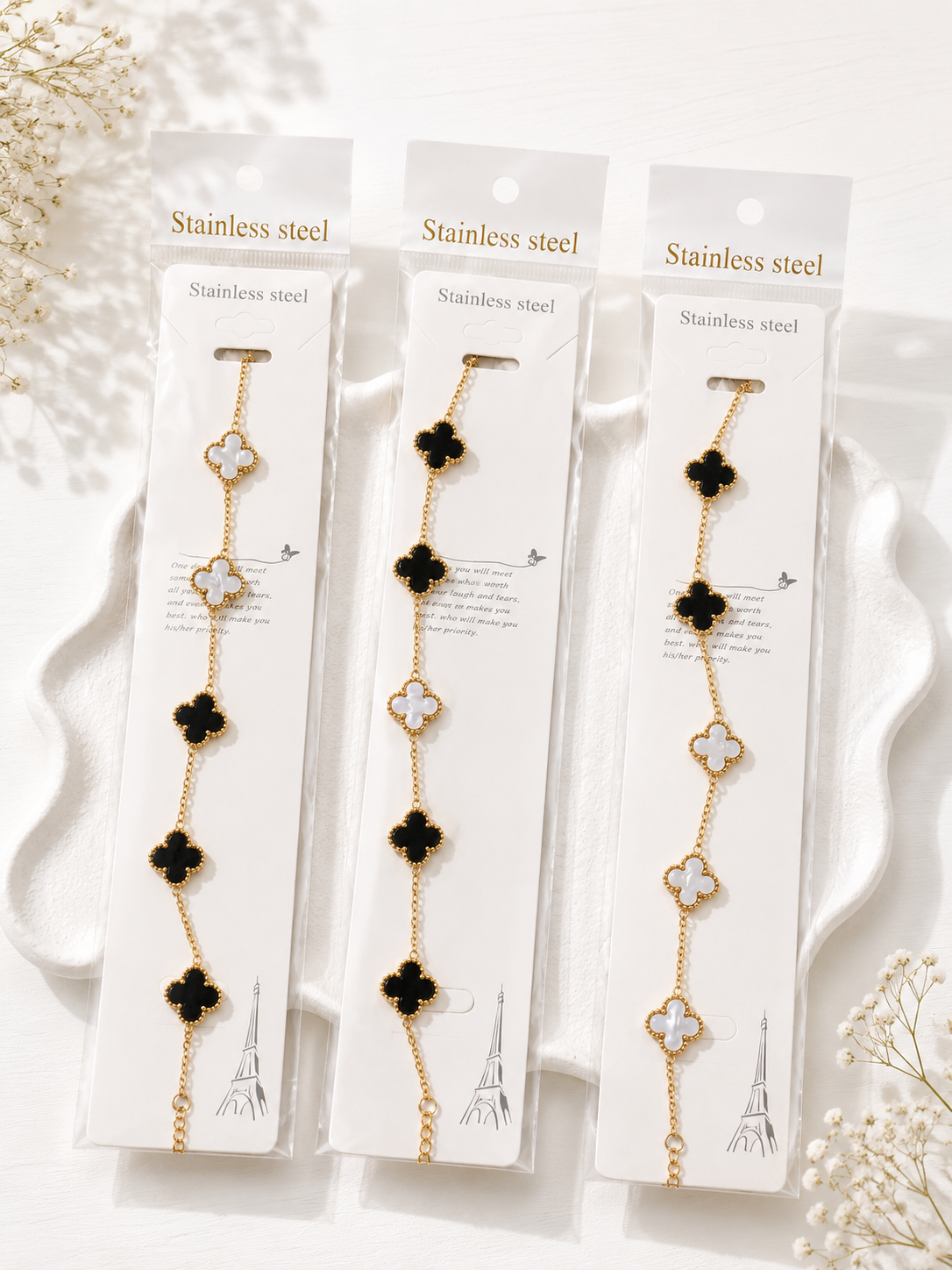 Black White Clover Bracelet