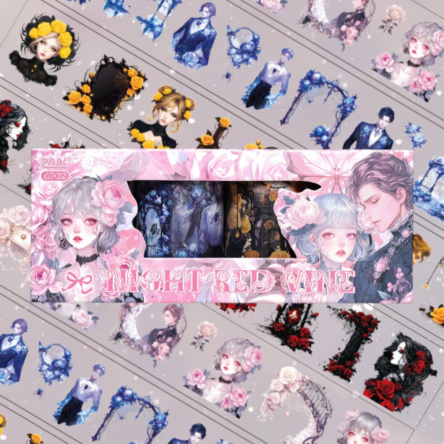 Dark retro Flower Sticker Roll Set - 4 pcs