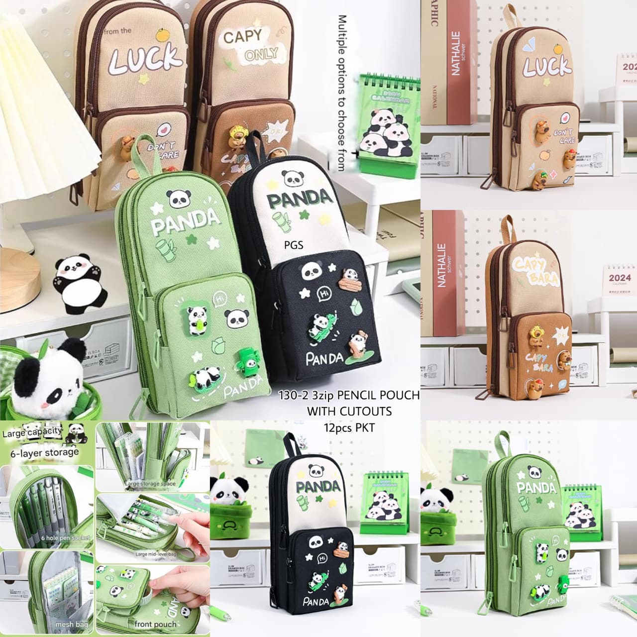 Kawaii Panda cappy beara pencil pouch - 3 zip